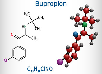 Bupropion, C13H18ClNO molecule. It is used for the treatment of Major Depressive Disorder (MDD), Seasonal Affective Disorder (SAD), smoking cessation. Structural chemical formula and molecule model