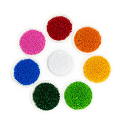 Polymeric dye. Colorant for plastics. Pigment in the granules.