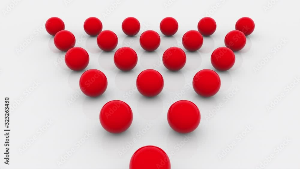 Poster composition of fifteen red balls lined with a triangle on a flat surface, computer generated. 3d ren