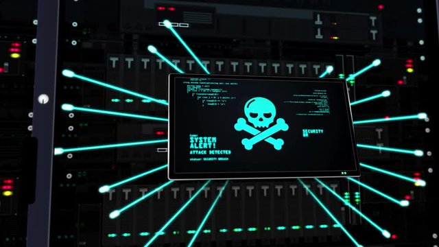 Cyber ​​attack on datacenter. The concept of cybercrime, security alert, hacking, virus and computer protection breach with crime symbols 3D rendering animation. Infection expansion on server racks.