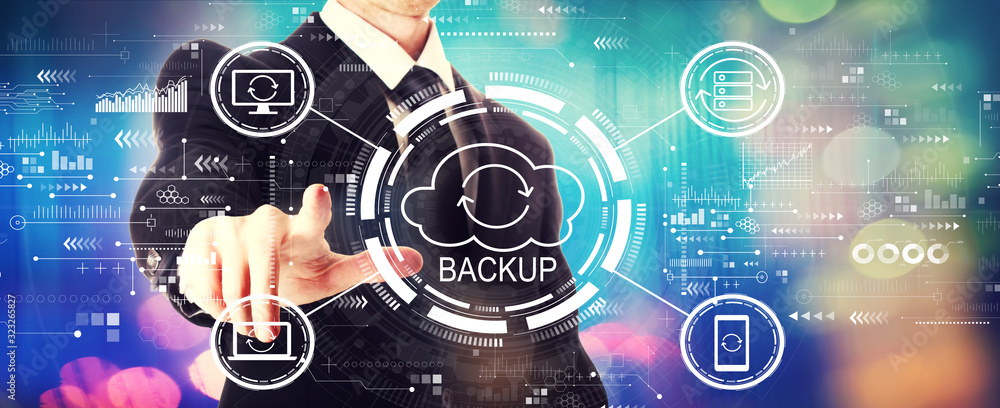 Poster backup concept with a businessman on a shiny background