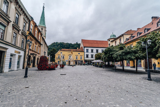 Celje, Slovenia - September 8th, 2019. Historical center of Celje with castle, municipal house and main square.