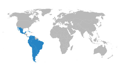 Latin American Integration Association countries map highlighted on world map. Social and economic development. Business concepts.