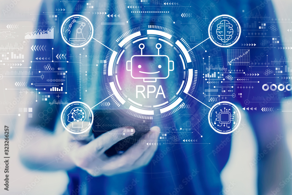 Aufkleber robotic process automation concept with young man using a smartphone