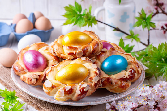 Traditional Italian Easter Bread Rings With Colorful Eggs