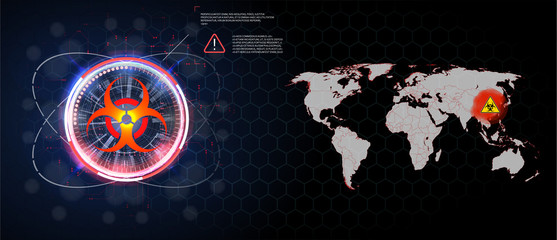 Map of the spread of the virus in the world, the coronavirus epidemic in China, a map of the spread and infection in the world. Biohazard sign, on an abstract background. 