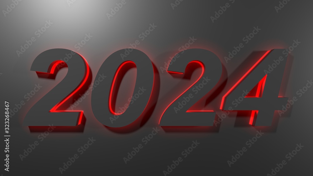 Poster 2024 in black digits with red back light, on a black surface - 3d rendering illustration