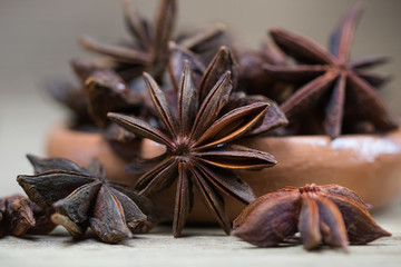 star anise with and without seed, closed, in a clay dish on a light wooden surface. spice for the recipe. beautiful picture, background