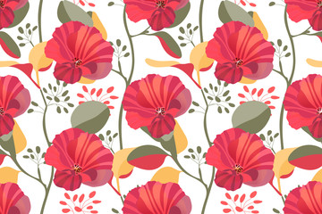 Art floral vector seamless pattern. Red, maroon garden mallow flowers, branches with colorful twigs and leaves isolated on white background. Tile pattern for wallpaper, fabric, textile, paper.