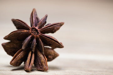 star anise with or without seed, closed, on a light wooden surface. spice for the recipe. beautiful picture, background.