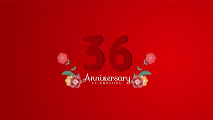 36th Anniversary celebration. Emboss number with Gradient red background and flowers decoration. Modern elegant simple background design vector EPS 10. Can be used for company or wedding.