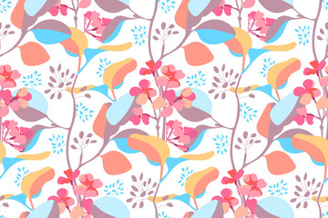 Art floral vector seamless pattern. Pink Mattiola incana, colorful branches, leaves isolated on white background. Tile pattern with pastel flowers for wallpaper design, fabric, interior textile.