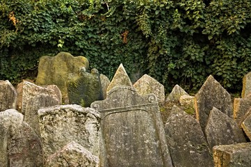 Tombstones in the Old Jewish Cemetery in Josefov district (Prague, Czech Republic, Europe)