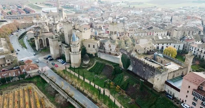 Aerial view of impressive medieval Royal Palace of Olite in autumn day, Navarre, Spain