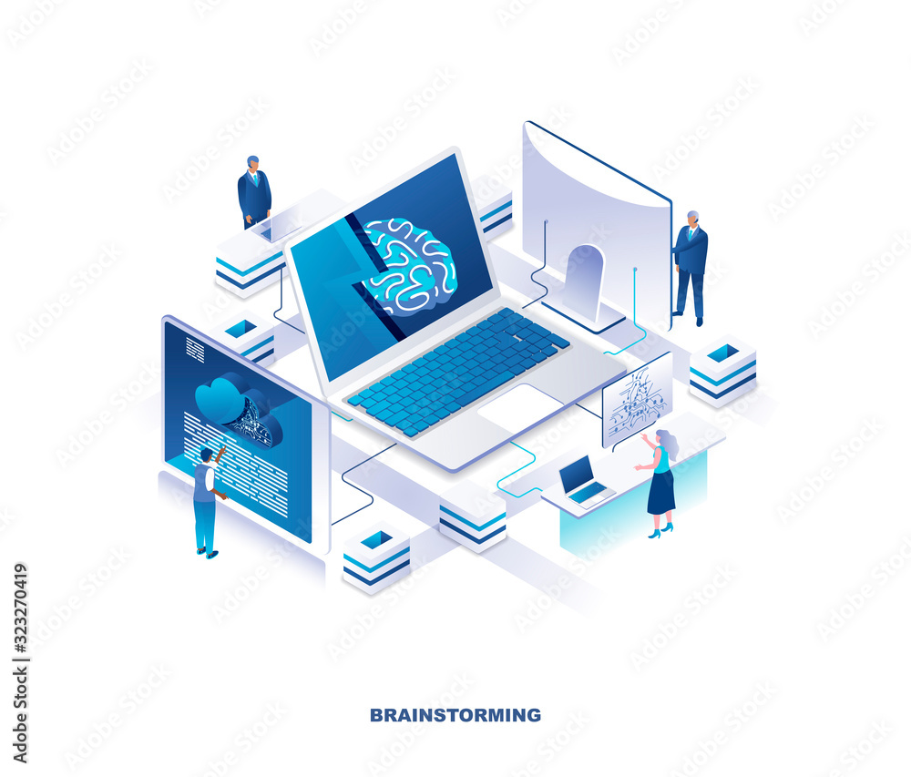 Aufkleber brainstorming isometric landing page. concept of creative business thinking or idea creation with ti