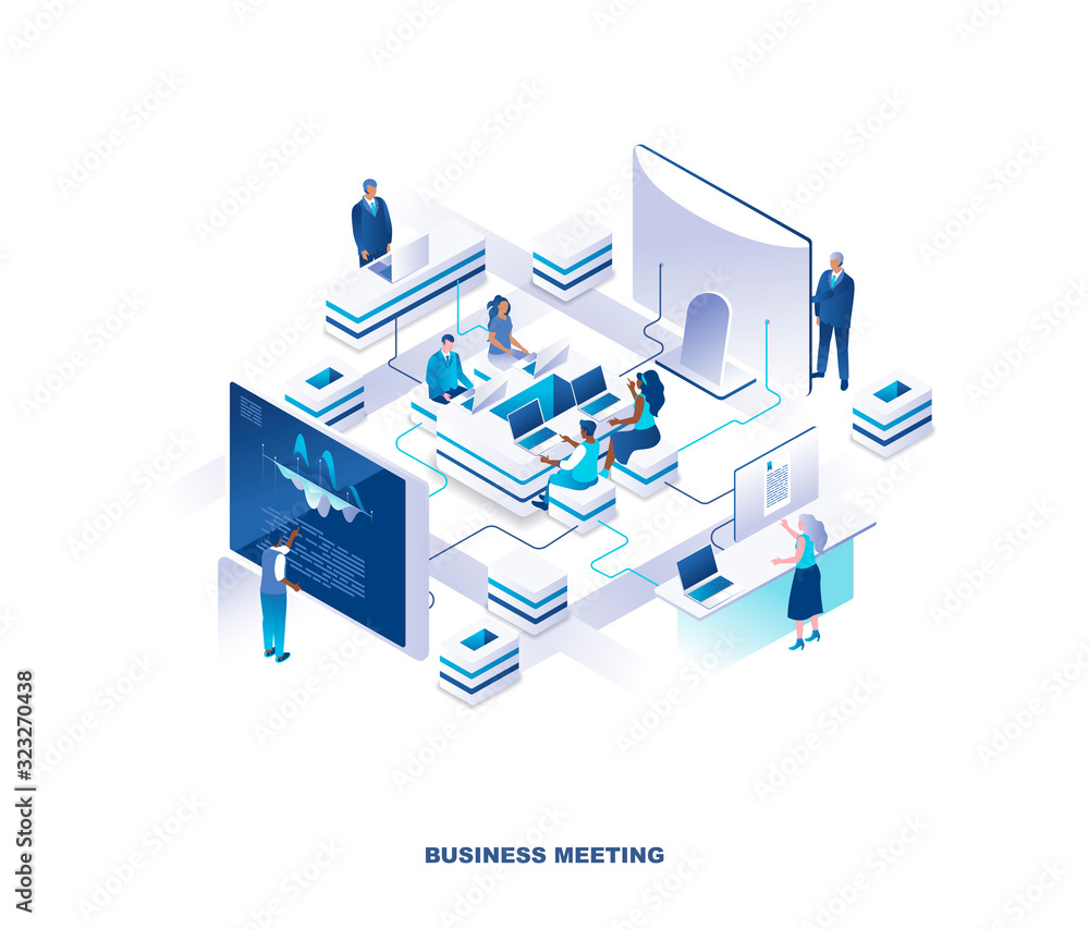 Poster business meeting isometric landing page. concept with group of clerks or employees sitting around ta