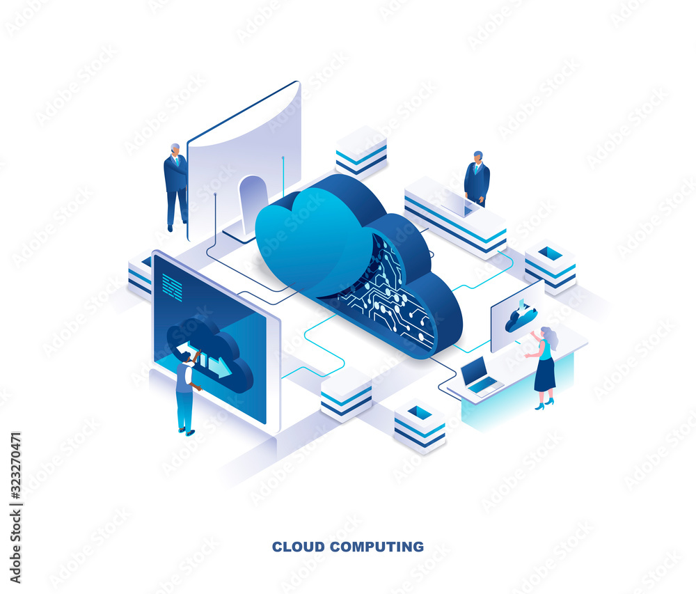 Poster Cloud computing service isometric landing page. Concept of innovative technology for file storage, data center, database, storing digital information on internet. Vector illustration for website.