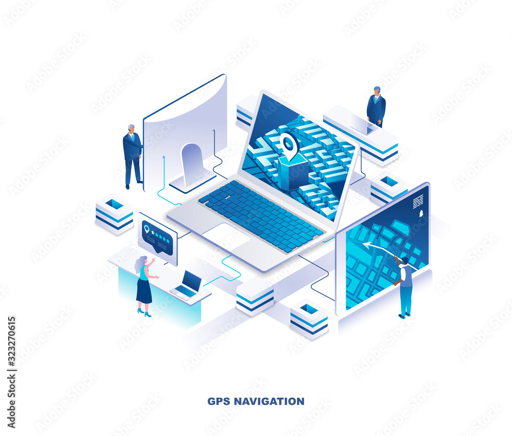Aufkleber GPS navigation, location search, online locator isometric landing page. Concept with tiny people working around giant laptop computer with city map or urban plan on screen. Modern vector illustration.