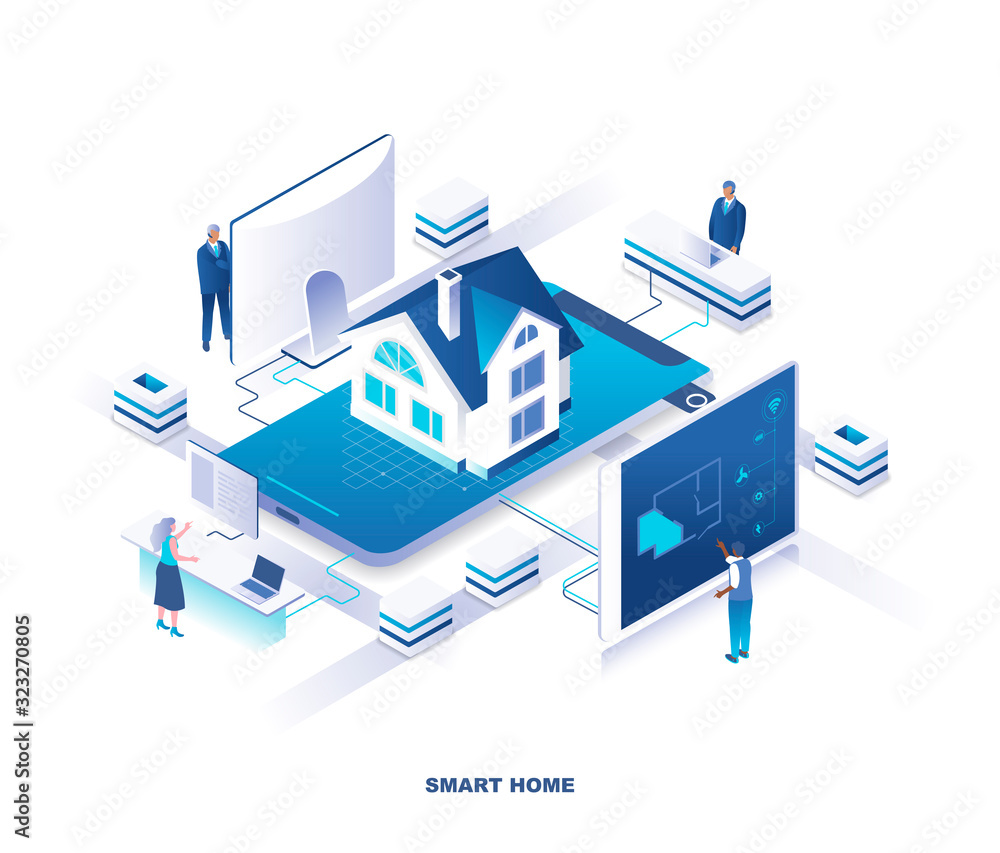 Poster smart house system isometric landing page. concept of home automation or digital control technology 