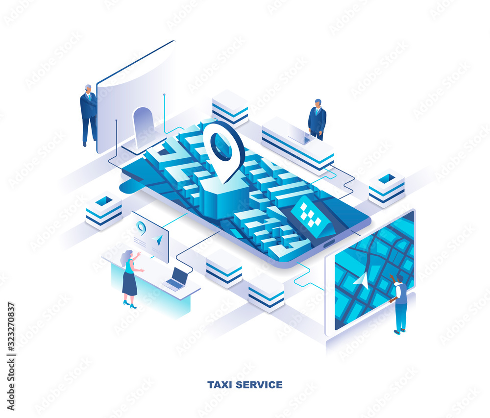 Poster mobile application for taxi or cab booking service isometric landing page. concept with tiny people 