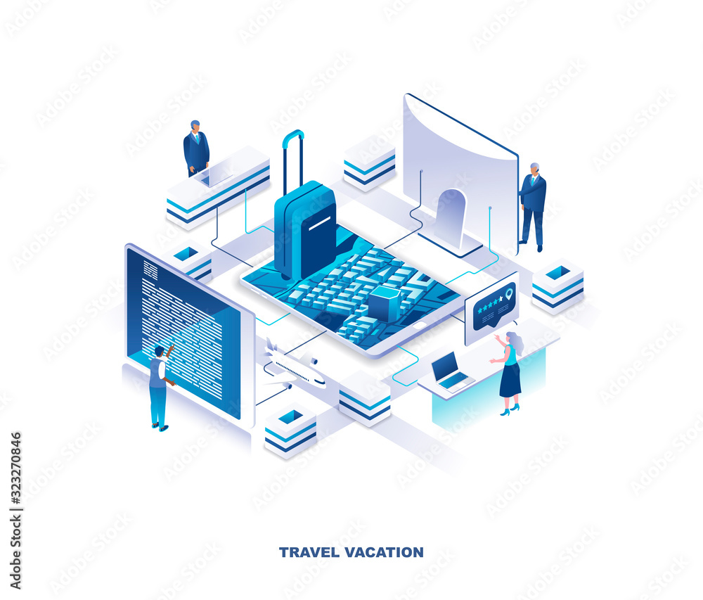 Poster touristic service for travel planning, accommodation booking isometric landing page. concept with ti