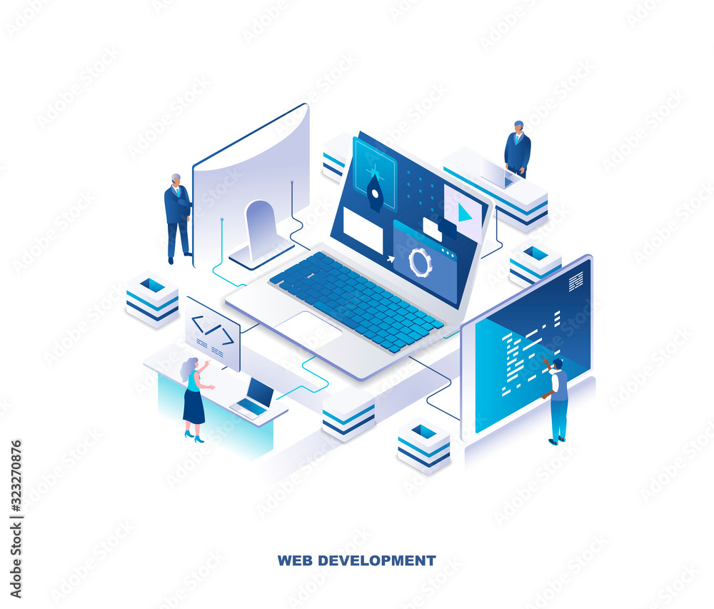 Poster Front-end and back-end web development, programming, coding isometric landing page. Concept with programmers or coders working on computers around giant laptop. Modern vector illustration for website.