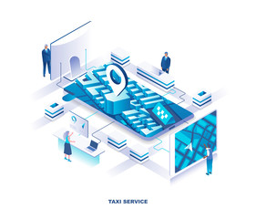 Mobile application for taxi or cab booking service isometric landing page. Concept with tiny people stand around giant smartphone with city map on screen. Modern vector illustration for promotion.