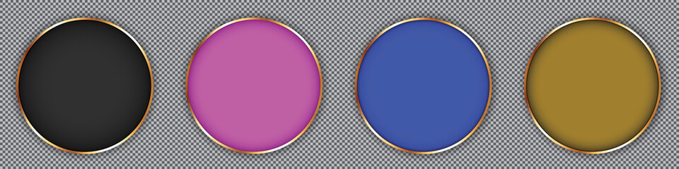 set of round banners with golden frame on transparent background	