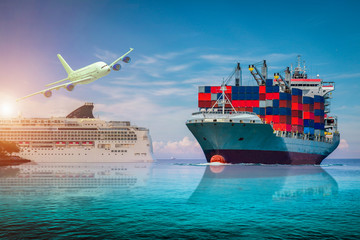 Container cargo Ship, Cruise ship and cargo plane with port crane bridge in harbor on sunset sky, freight Transport with blue sky background.