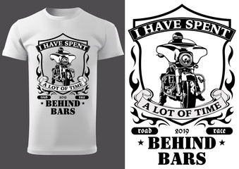 White T-shirt Design with Motorcyclist and Inscriptions - Graphic Design for Printmaking T-shirt or Poster and etc., Vector