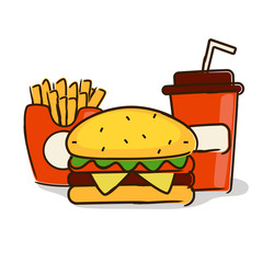 Combo fast food: burger, fries and beverage (cola), doodle vector icon