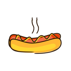 Vector hotdog with mustard, hot sausage. Illustration doodle icon. All in a single layer.