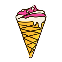 Ice Cream doodle icon, waffle cone with white and pink ice cream and topping