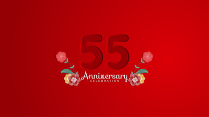 55th Anniversary celebration. Emboss number with Gradient red background and flowers decoration. Modern elegant simple background design vector EPS 10. Can be used for company or wedding.