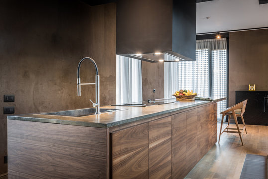 Kitchen interior in modern luxury penthouse apartment