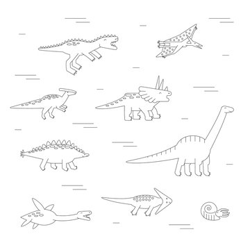 Simple set line style icons of dinosaurs on white background. Pictograms for coloring boook and different design.