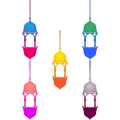 Arabic Lantern Object Design in Set for Creative Concept of  Islamic Celebration Day. Ramadan Kareem, Eid Mubarak, Eid Al Fitr, Eid Al Adha, Hajj, Hijri, and Mawlid.