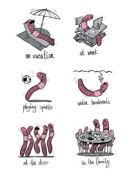 The Image Of The Worm At Different Activities, Work, With The Family, Sports, Recreation, Dancing. Black And White Illustration, Design Of The Internet And Paper Publications, Products, Sticker.