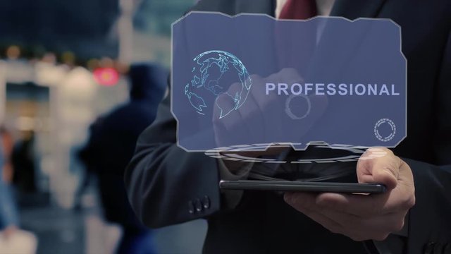 Unrecognizable businessman uses hologram on smartphone with text Professional. Man in shirt and jacket with holographic screen on background of entrance to the airport or train station
