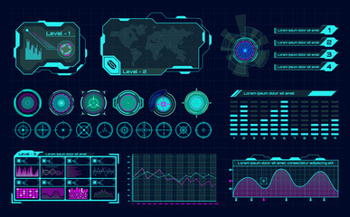 Futuristic hologram ui. Infographic graph interface, virtual hud frames and digital bar regulator, science hologram buttons vector icons. Future dashboard with chart and panel, hi-tech cyber concept