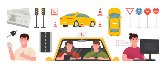 Driving school set illustration. Training car, road safety signs, drivers license, takes an exam. Isolated vector illustration