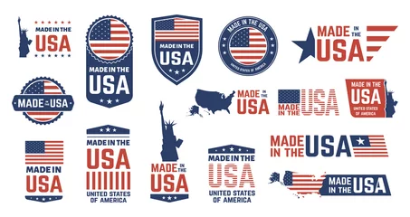 Fotobehang Made in USA badges. Patriot proud label stamp, American flag and national symbols, United States of America patriotic emblems vector set. US product stickers, national independence day 4th july badges © WinWin