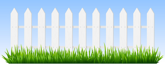 Realistic wooden fence. Green grass on white wooden picket fence, sunshine garden background, fresh plants border hedge vector illustration. Rural spring landscape horizontal background with fencing