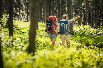 Two girlfriends hiking in the mountains. Red Lodge, Montana, USA
