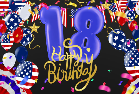 18th Birthday Celebration greeting card Design, with balloons. Vector celebration party