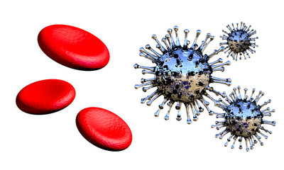 Coronaviruses and blood cells. 3d render