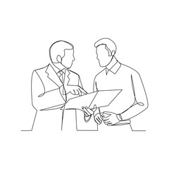 Continuous line drawing of two businessman talking and discuss about document. Vector illustration.