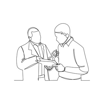 Continuous line drawing of two businessman talking and discuss about document. Vector illustration.