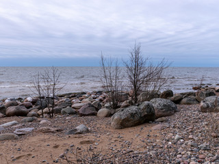 landscape with a rocky beach in the evening