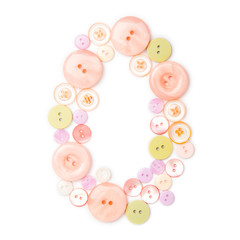 number 0 from pink and green buttons isolated on white. Sewing kit. Colorful button number zero, stylish alphabet for handmaking hobby. Handmade sew abc. Text from buttons. Sale of sewing furniture